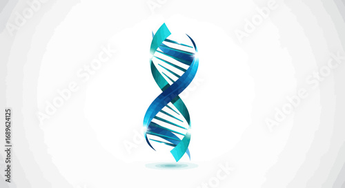 Abstract illustration of a DNA double helix strand in shades of blue and teal against a white background.