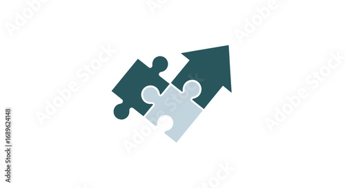 Two puzzle pieces forming an arrow pointing upwards, symbolizing growth, progress, and strategic solutions.