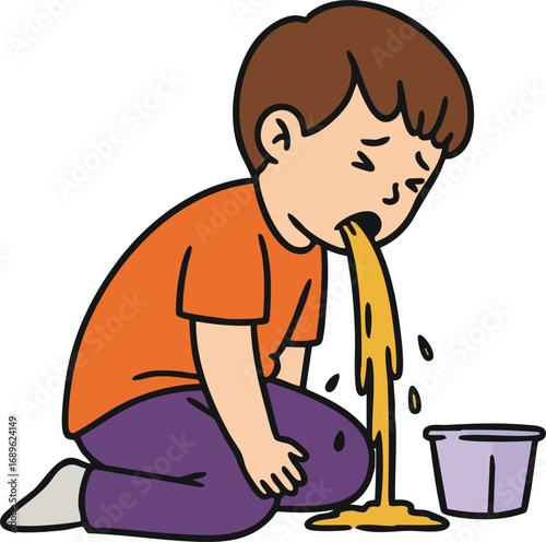 Child vomiting sickness illustration showing illness and discomfort in young boy with orange shirt and purple pants 