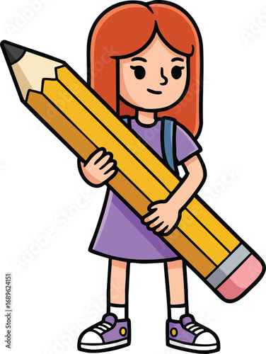 Girl with big yellow pencil holding it firmly in purple dress and sneakers vector illustration 