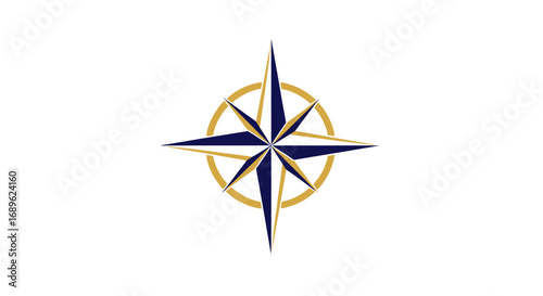 Stylized compass rose illustration with eight points, featuring navy blue and gold colors on a white background.
