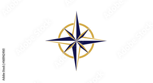 A stylized compass rose with navy blue points and a gold circle, centered on a white background.