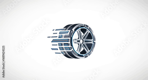 A stylized illustration of a car tire with a digital motion blur effect, suggesting speed and technology.