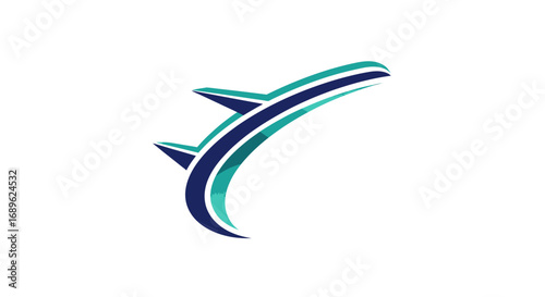 Stylized airplane icon with curved lines in shades of blue and green, suggesting flight and movement on a white background.