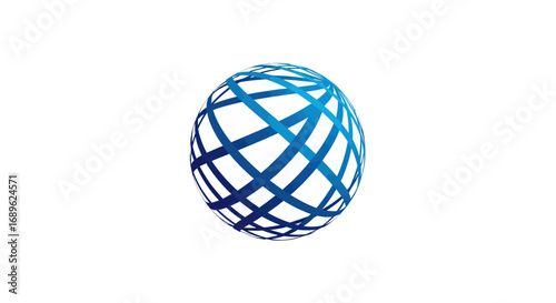Abstract sphere composed of interconnected blue lines against a white background, suggesting global network or connectivity.