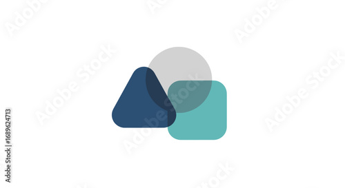 Abstract composition featuring a blue triangle, a turquoise square, and a gray circle, overlapping on a white background.