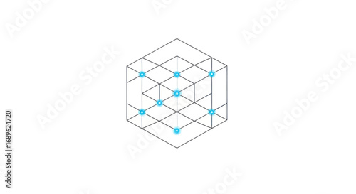 Isometric cube illustration with grid lines and blue circular nodes at intersections, isolated on a white background.