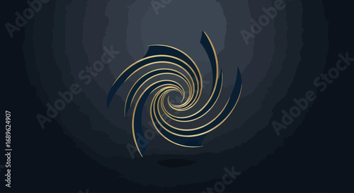 Abstract swirling vortex design with golden lines radiating from a central point against a dark blue textured background.