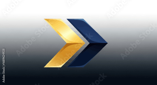 Abstract image of a forward-pointing arrow composed of gold and blue shapes with a subtle reflection on a gradient background.