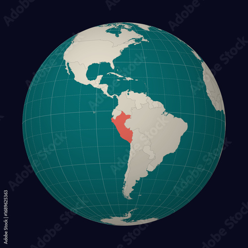 Peru on the map. Globe centered to Peru. Country location on the world map. Teal Pale Mint color palette. Globe with countries, meridians and parallels. Amazing vector illustration.