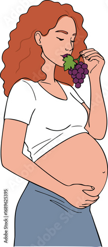 Pregnant woman enjoying fresh grapes holding belly in casual clothes vector illustration 