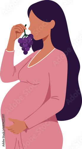 Pregnant woman holding and smelling purple grapes with long hair in pink dress vector illustration 