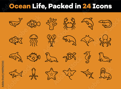 Marine Animals Icons, Ocean Creatures, Sea Life Set