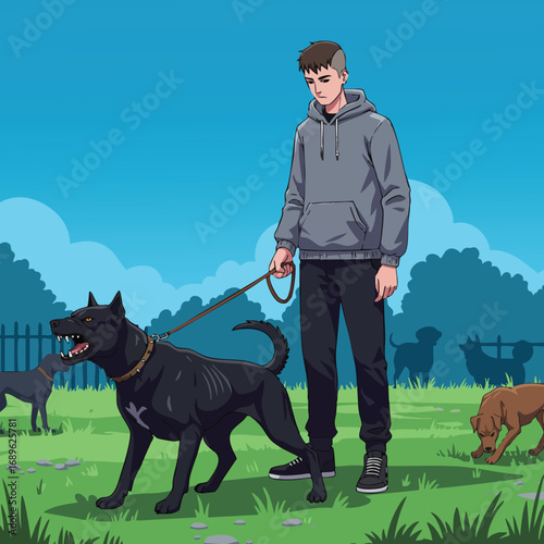 Young man walking aggressive black dog on leash in park with other dogs and blue sky background 