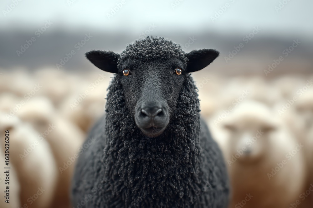 Naklejka premium Lone black sheep in sharp focus on green grass background