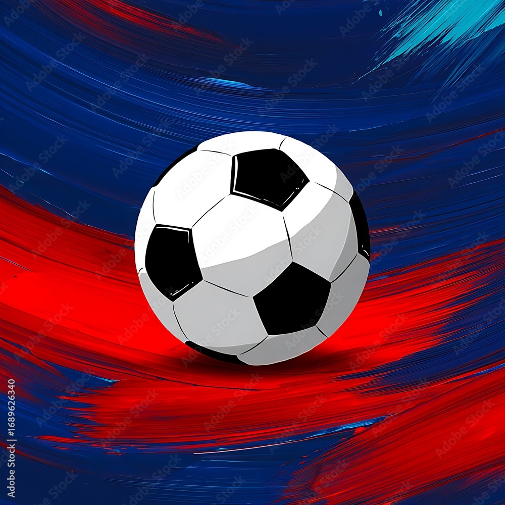 Naklejka premium Dynamic soccer ball against a vibrant red and blue abstract background.