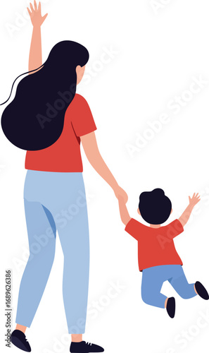 Mother holding child hand walking happily together in casual clothes vector illustration 