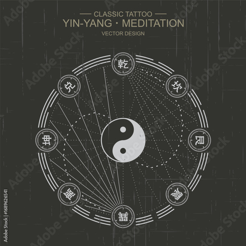 Vector yin yang symbol with geometry. Abstract occult and mystic sign. Black and white spiritual design. Concept of feng shui, magic, opposite, man woman relations, astrology, zen, yoga.