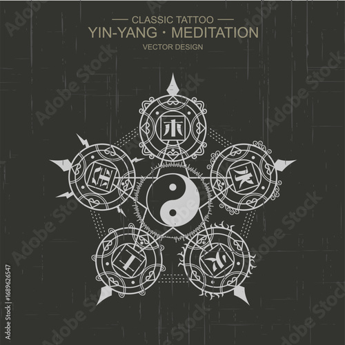 Vector yin yang symbol with geometry. Abstract occult and mystic sign. Black and white spiritual design. Concept of feng shui, magic, opposite, man woman relations, astrology, zen, yoga.