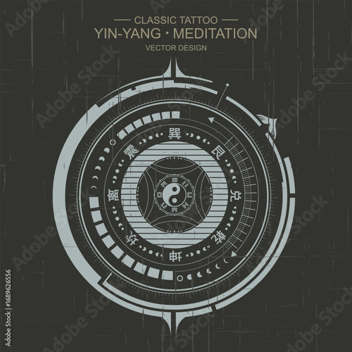 Vector yin yang symbol with geometry. Abstract occult and mystic sign. Black and white spiritual design. Concept of feng shui, magic, opposite, man woman relations, astrology, zen, yoga.