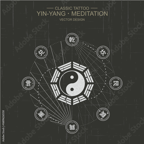 Vector yin yang symbol with geometry. Abstract occult and mystic sign. Black and white spiritual design. Concept of feng shui, magic, opposite, man woman relations, astrology, zen, yoga.