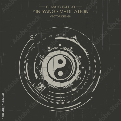 Vector yin yang symbol with geometry. Abstract occult and mystic sign. Black and white spiritual design. Concept of feng shui, magic, opposite, man woman relations, astrology, zen, yoga.