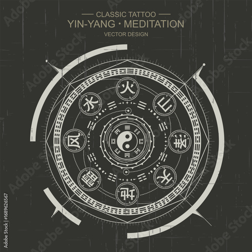 Vector yin yang symbol with geometry. Abstract occult and mystic sign. Black and white spiritual design. Concept of feng shui, magic, opposite, man woman relations, astrology, zen, yoga.