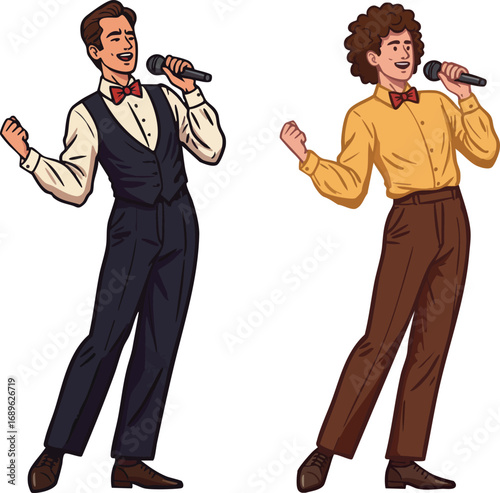 Two male singers performing with microphones in stylish vintage outfits and bow ties vector illustration 