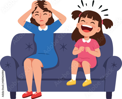 Mother and daughter sitting on couch with laughing child and stressed woman in casual clothes vector illustration 