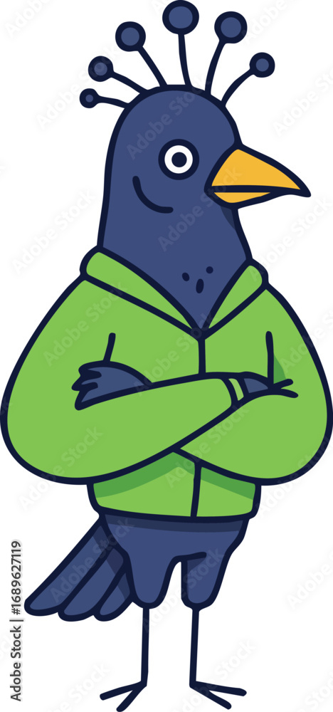 Fototapeta premium Blue bird character wearing green jacket with crossed arms cartoon vector illustration 
