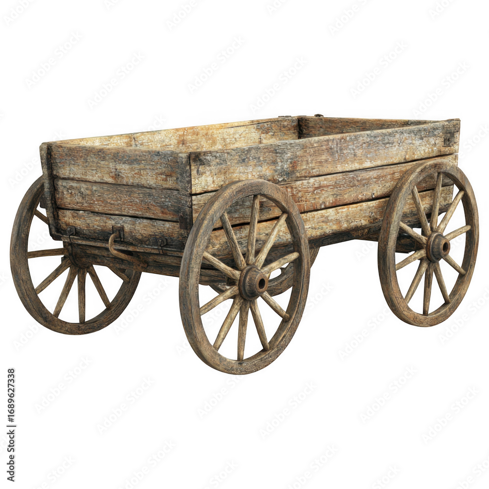 Fototapeta premium Vintage Wooden Cart: An antique wooden cart, with its weathered surface and aged appearance, standing as a timeless symbol of transport and agricultural heritage.