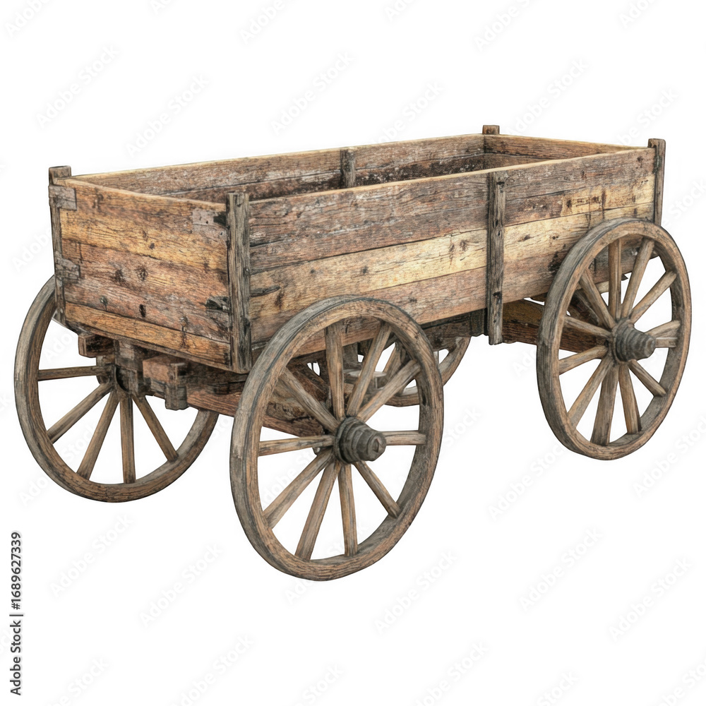 Fototapeta premium Old Wooden Wagon: An antique wooden wagon with rustic charm, capturing the essence of a bygone era. Its weathered wood and robust construction symbolize heritage and simplicity.