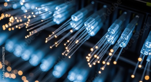 Fiber Optic Cables Transmitting Data with Glowing Tips in a Server Room