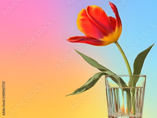 Vibrant Red and Yellow Tulip in Glass, Pastel Background