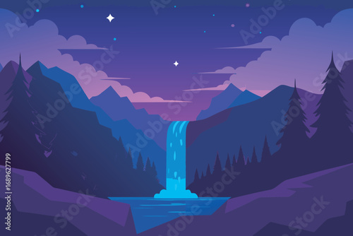 Serene night scene with cascading waterfall banner advertisement