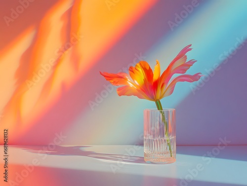 Vibrant Orange Tulip in Glass Vase with Colorful Light