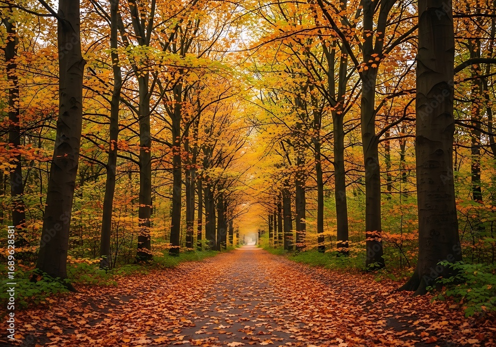 Obraz premium A pathway through a golden autumn forest, lined with vibrant trees and scattered fallen leaves, leading the eye deep into the woods.
