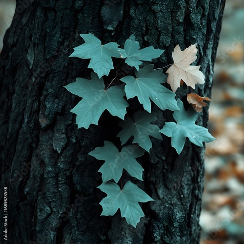Autumn Teal Maple Leaves on Dark Tree Bark Nature Photography