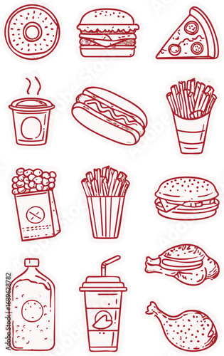 Print fast food, junk food, street food, unhealthy food, snack, donut, hamburger, cheeseburger, pizza slice, hot dog, french fries, popcorn, fried chicken, chicken drumstick, sandwich, coffee cup, 