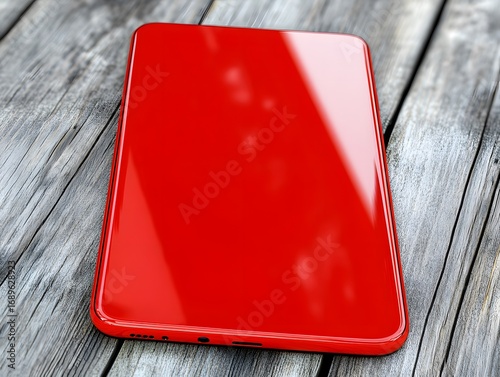Shiny Red Smartphone on Wooden Background Product Mockup