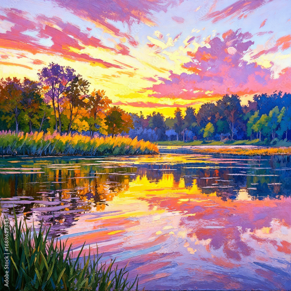Fototapeta premium Colorful sunset reflecting on calm river surrounded by trees 