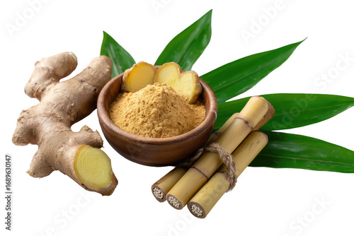 Fresh ginger root and powder, with bamboo stalks and leaves