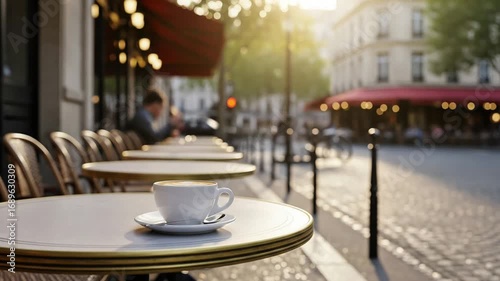Paris cafe cappuccino on table with street view and warm sunlight glow