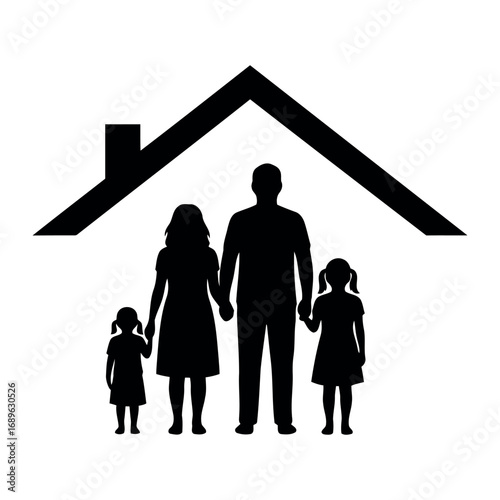 Silhouette of a family under a house roof, isolated on white background