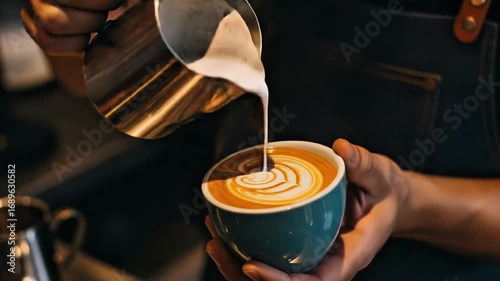 Professional barista pouring milk to prepare latte art in a coffee cup
