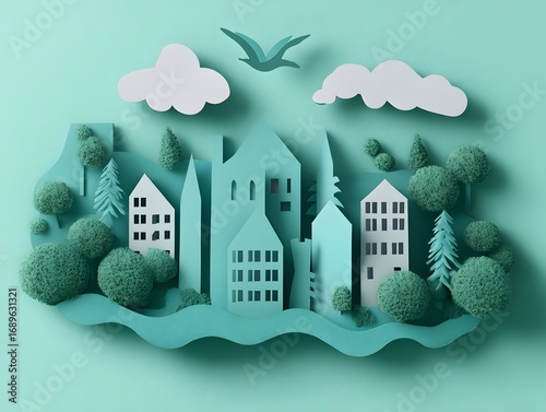 Papercut Cityscape Illustration Green Teal Buildings Trees Clouds