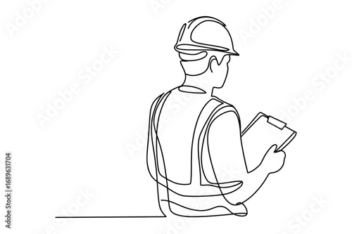 A Continuous Line Drawing of a Construction Worker in a Hard Hat, Representing Labor, Industry, and Professionalism on the Job Site.
