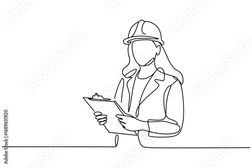 A Single Line Drawing of a Person in a Hard Hat and Vest Holding a Clipboard, Depicting an Engineer or Architect at a Construction Site.
