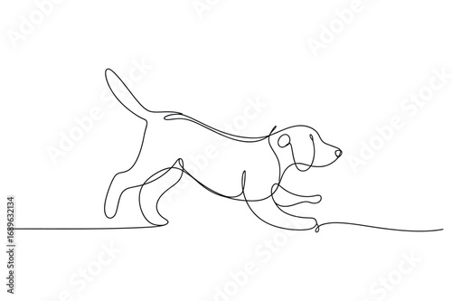 A Single Line Drawing of a Dog Leaping and Pouncing, Capturing Dynamic Motion and Playful Spirit.
