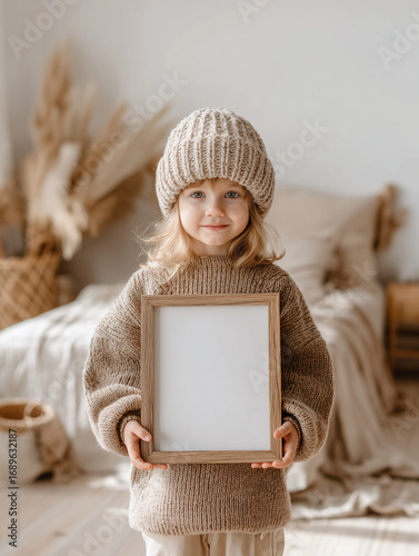 Little girl with blonde hair and knitted hat holding a vertical frame in a photoshoot.
